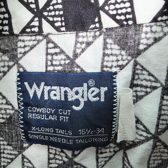 Vintage Wrangler Cowboy Cut Black & White Aztec Button Front Shirt 16 1/2- 34 - Picture 5 of 16